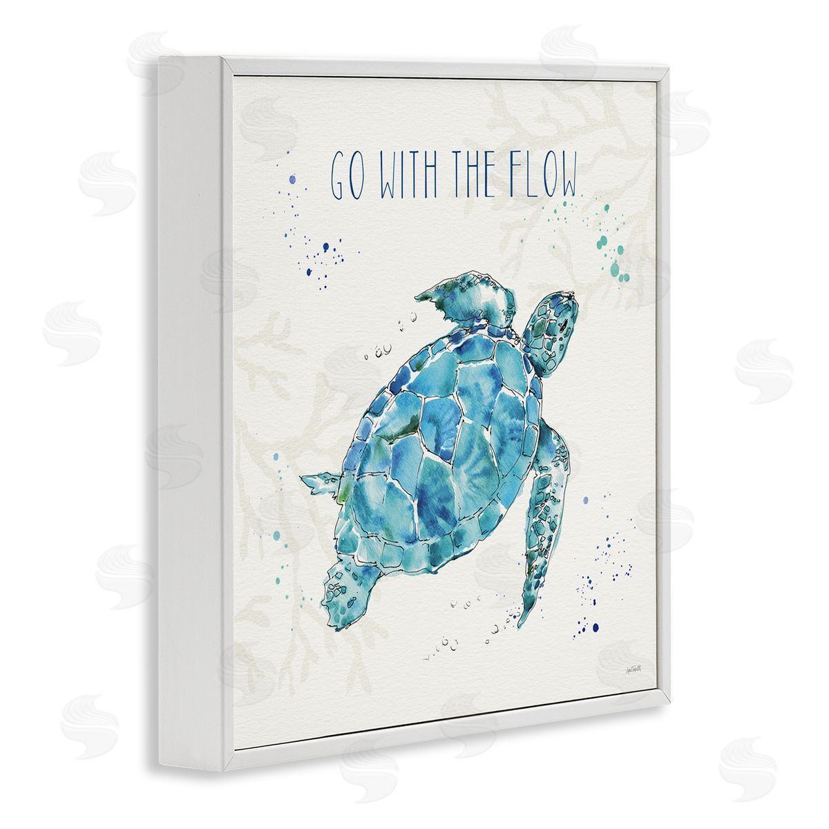 Go with the Flow Turtle Tortoise White Frame Print Wall Art, Home Decor by Anne Tavoletti
