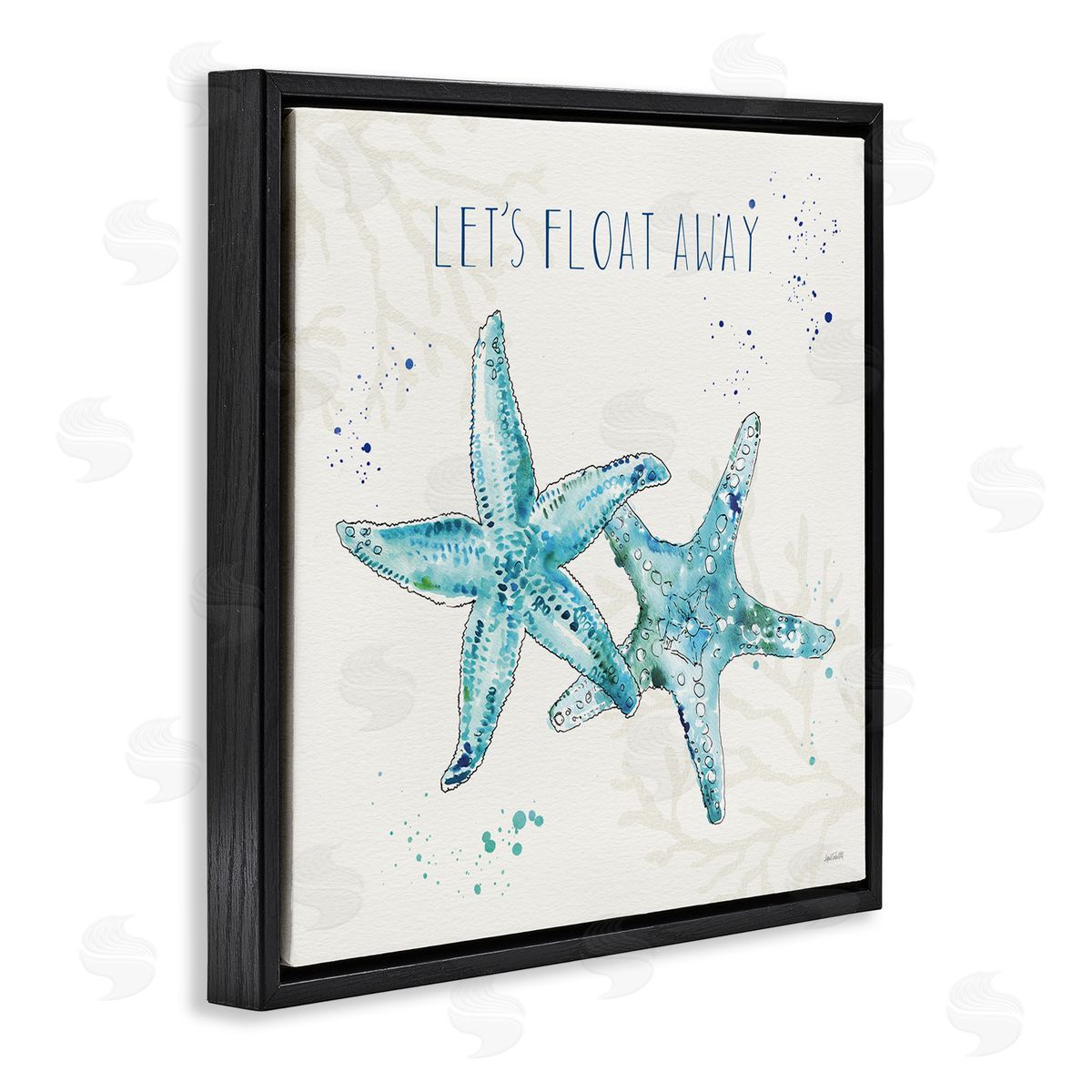 Float Away Phrase Blue Starfish Black Floating Frame Canvas Wall Art, Home Decor by Anne Tavoletti