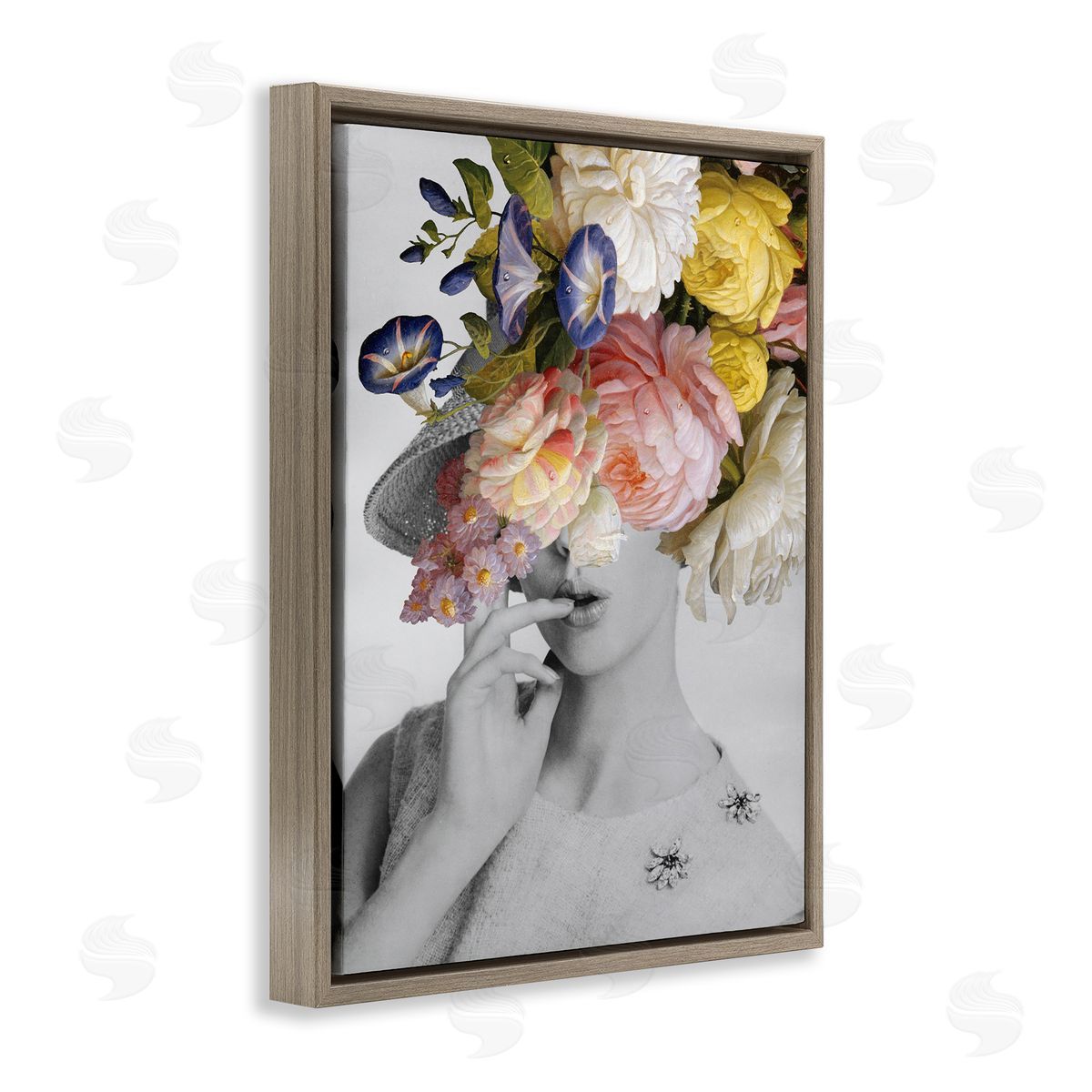 Vintage Female Floral Portrait Brown Floating Frame Canvas Wall Art, Home Decor by Wild Apple Portfolio