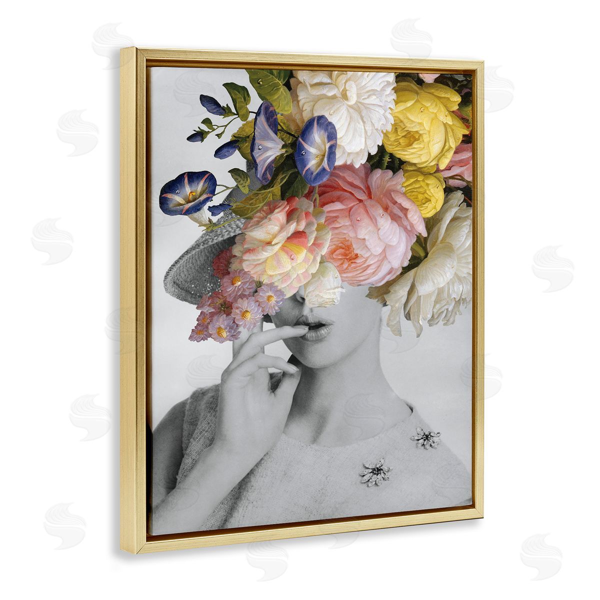 Vintage Female Floral Portrait Gold Floating Frame Canvas Wall Art, Home Decor by Wild Apple Portfolio