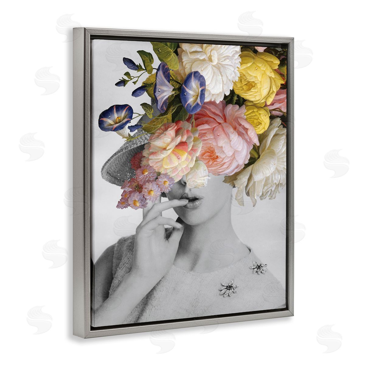 Vintage Female Floral Portrait Grey Floating Frame Canvas Wall Art, Home Decor by Wild Apple Portfolio