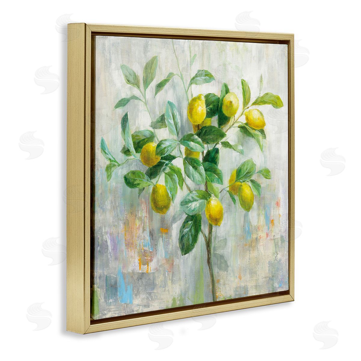 Abstract Lemon Tree Branch Gold Floating Frame Canvas Wall Art, Home Decor by Danhui Nai