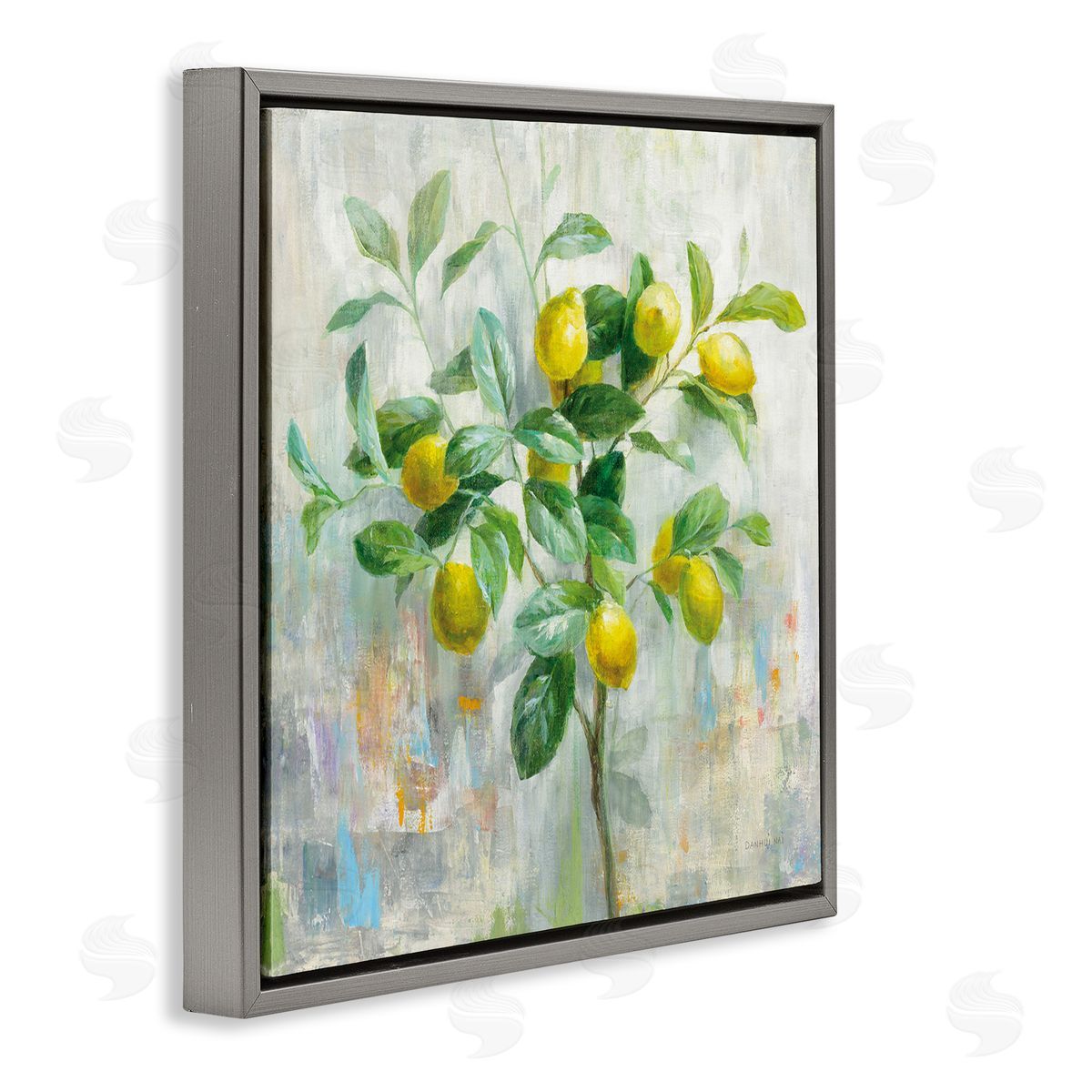 Abstract Lemon Tree Branch Grey Floating Frame Canvas Wall Art, Home Decor by Danhui Nai