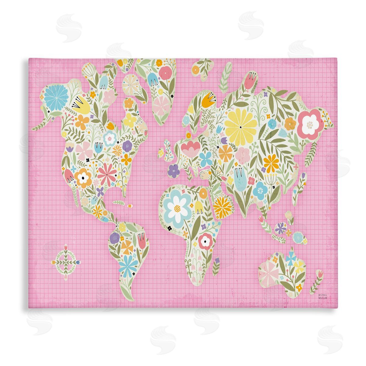 Pink Pastel Floral map Canvas Wall Art, Home Decor by Michael Mullan