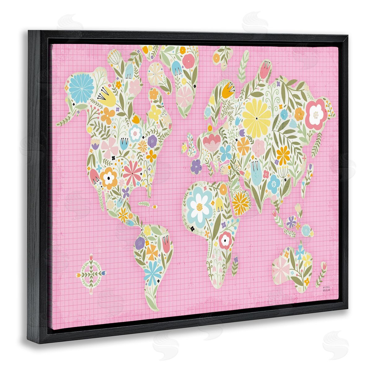 Pink Pastel Floral map Black Floating Frame Canvas Wall Art, Home Decor by Michael Mullan