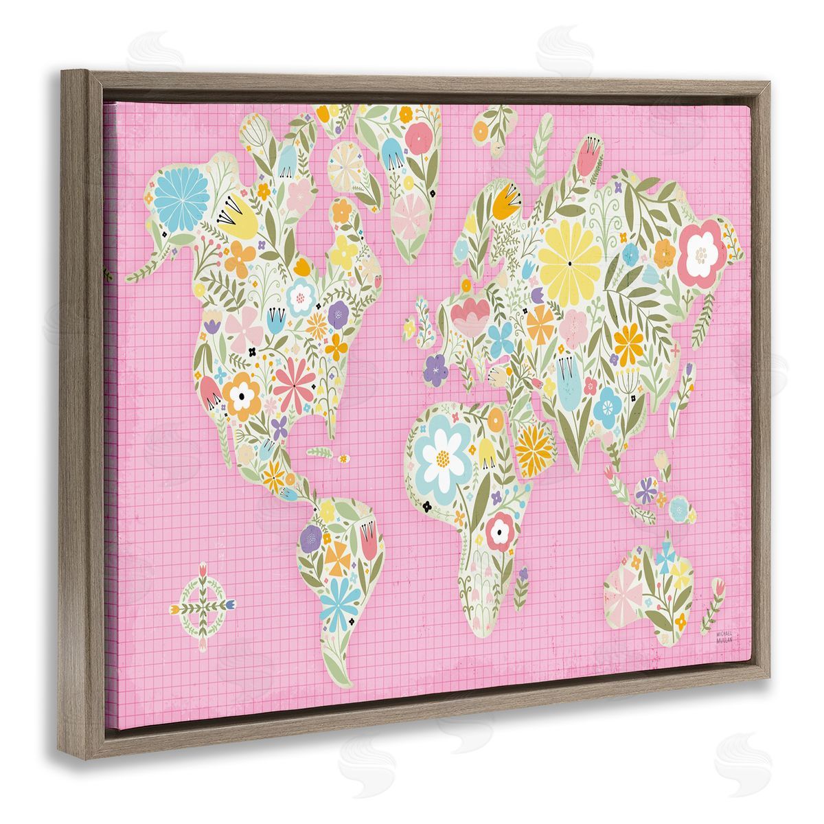 Pink Pastel Floral map Brown Floating Frame Canvas Wall Art, Home Decor by Michael Mullan