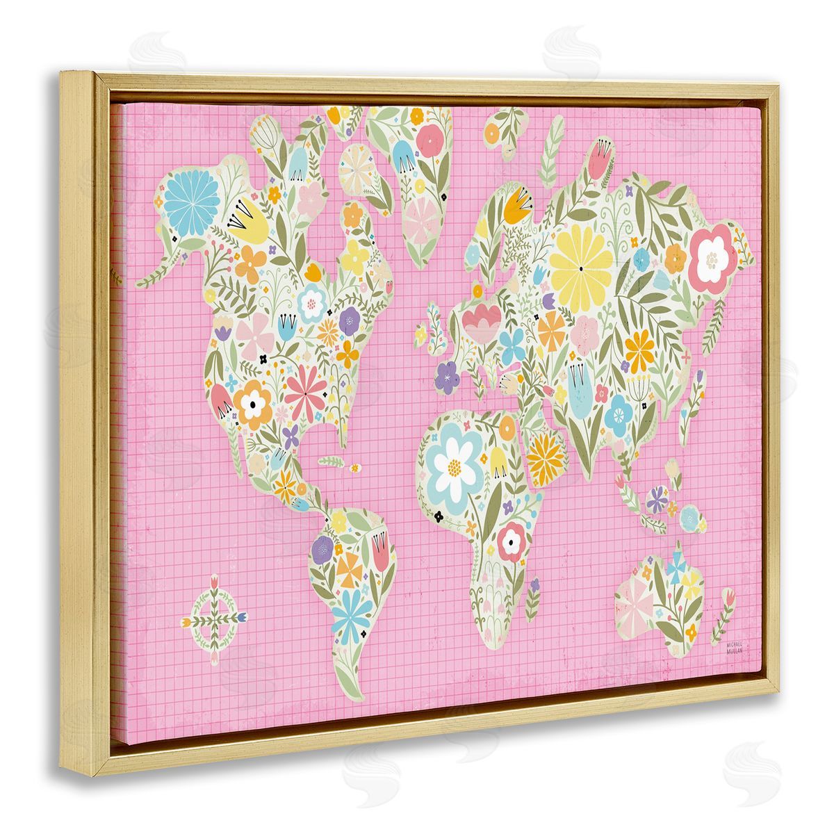 Pink Pastel Floral map Gold Floating Frame Canvas Wall Art, Home Decor by Michael Mullan