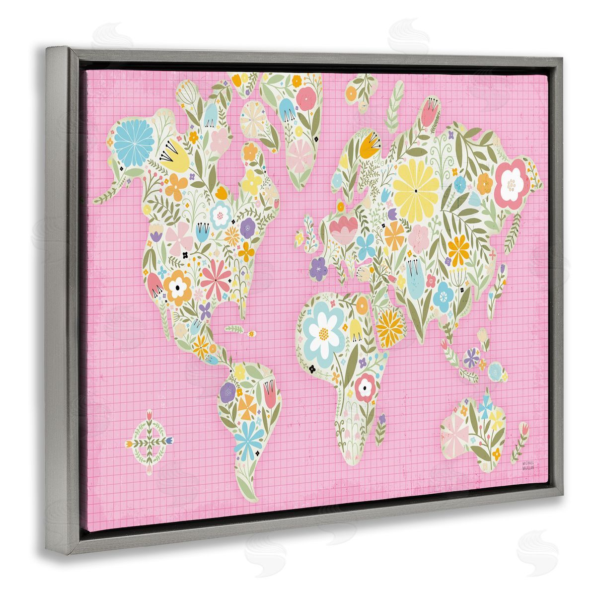 Pink Pastel Floral map Grey Floating Frame Canvas Wall Art, Home Decor by Michael Mullan