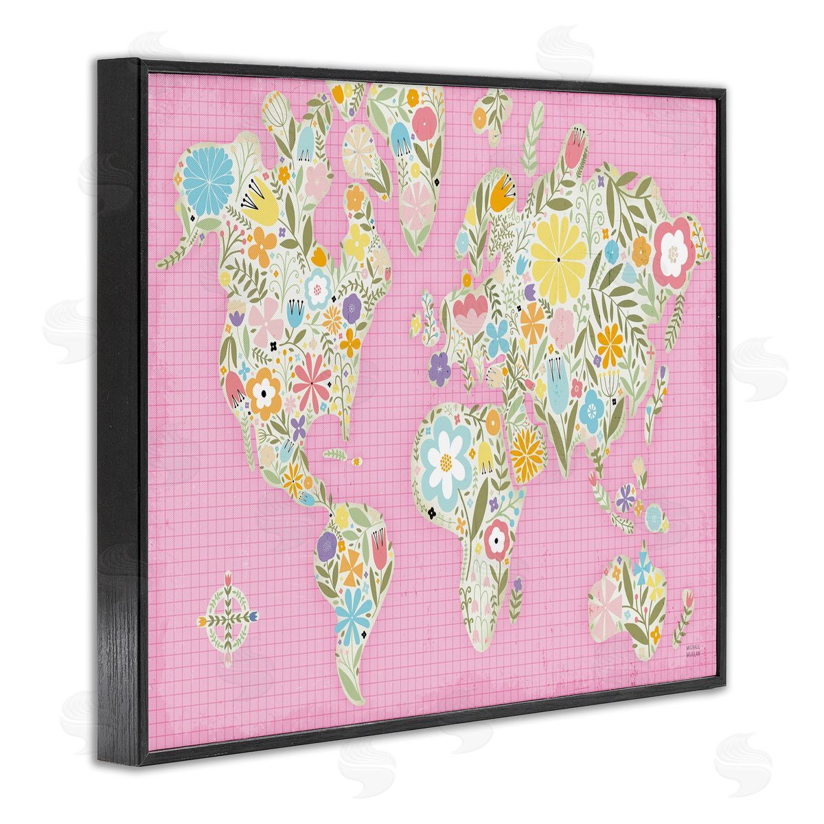 Pink Pastel Floral map Black Frame Print Wall Art, Home Decor by Michael Mullan