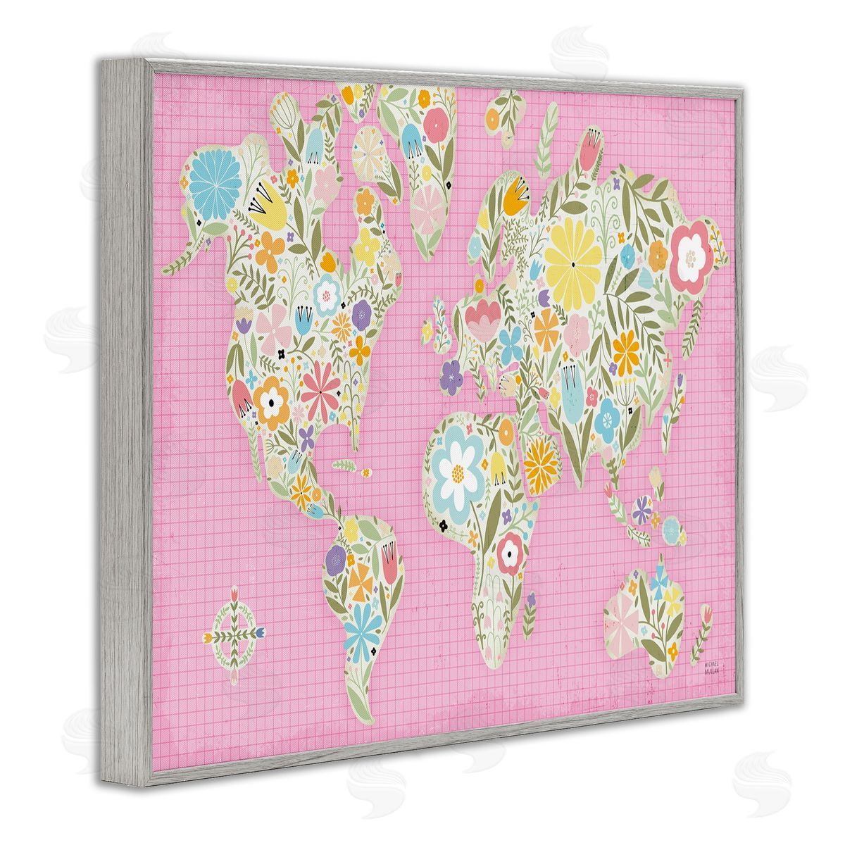Pink Pastel Floral map Grey Frame Print Wall Art, Home Decor by Michael Mullan