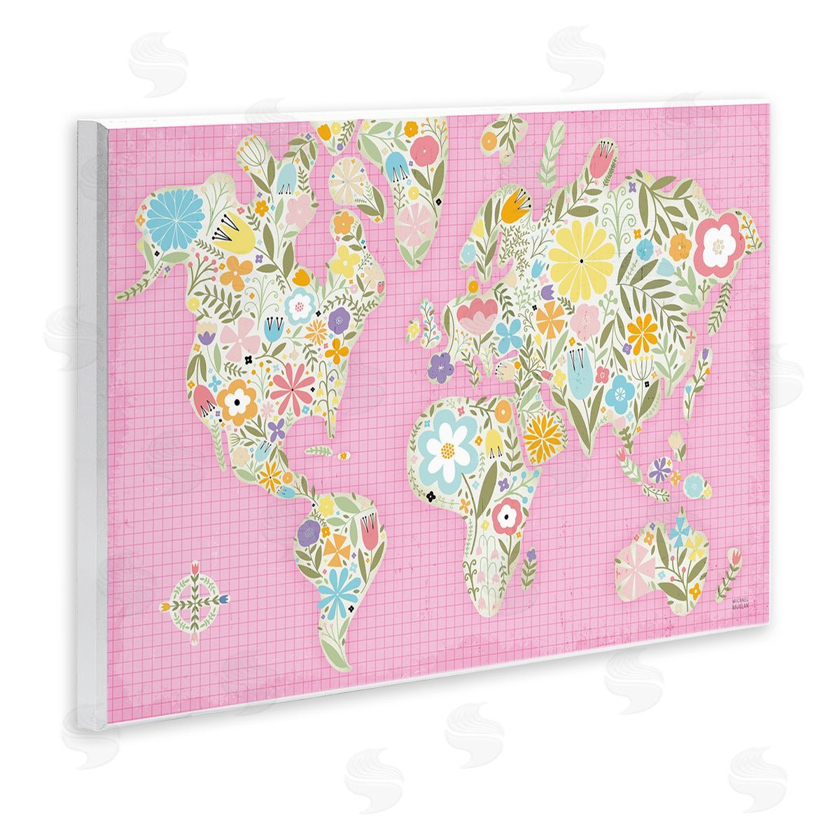 Pink Pastel Floral map Wood Plaque Wall Art, Home Decor by Michael Mullan