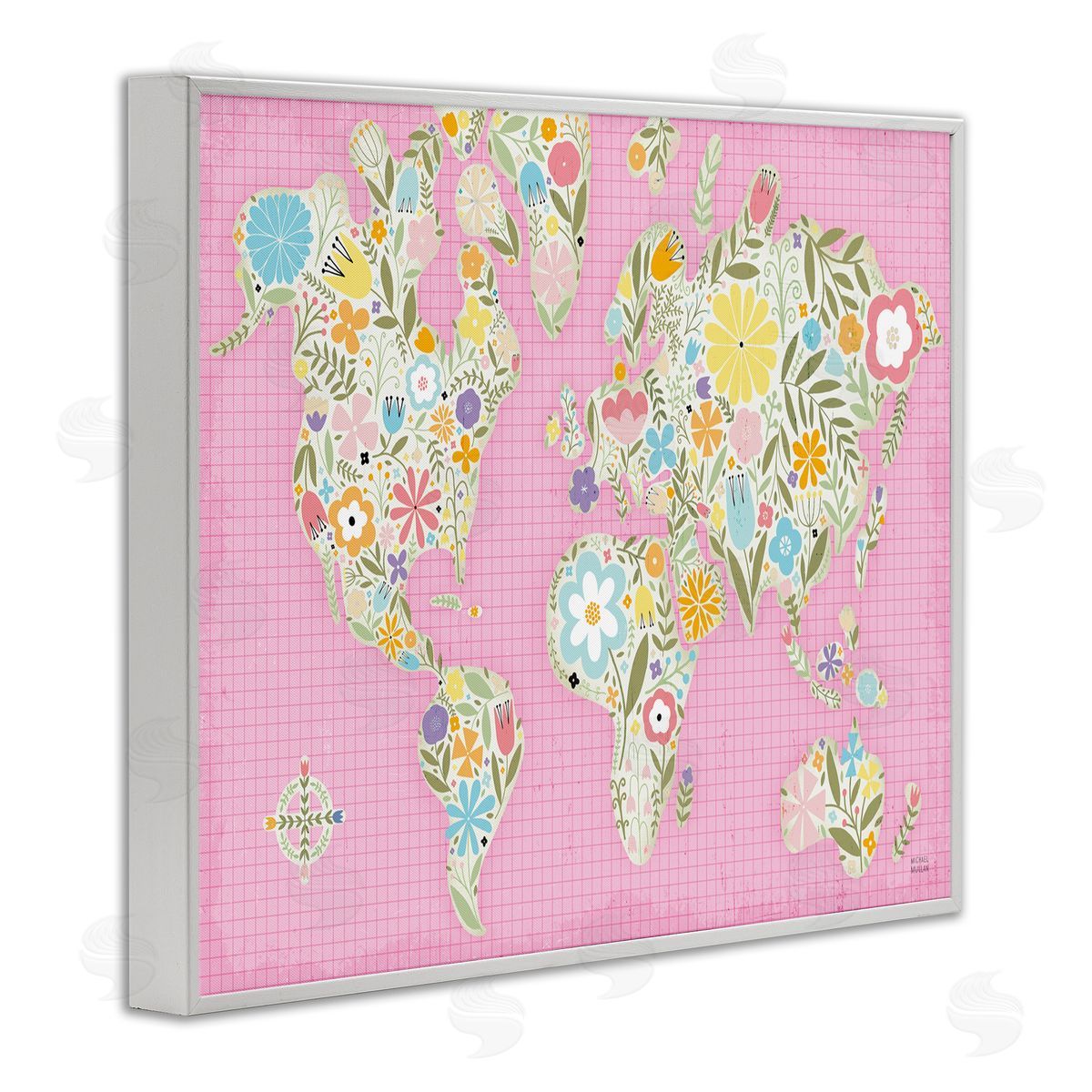 Pink Pastel Floral map White Frame Print Wall Art, Home Decor by Michael Mullan