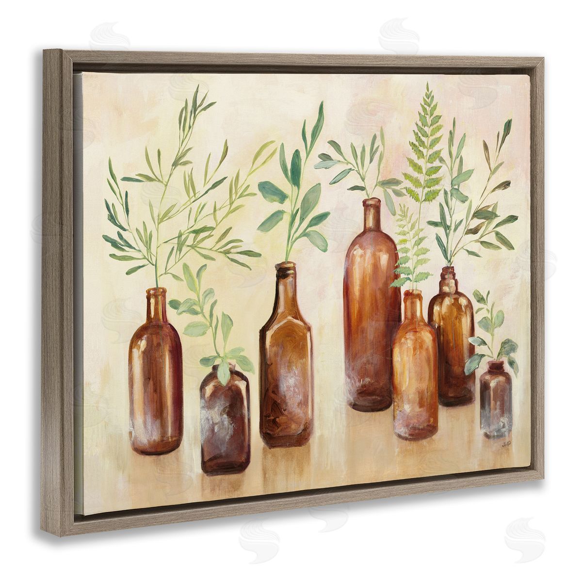 Ferns and Plants Glass Jars Brown Floating Frame Canvas Wall Art, Home Decor by Julia Purinton