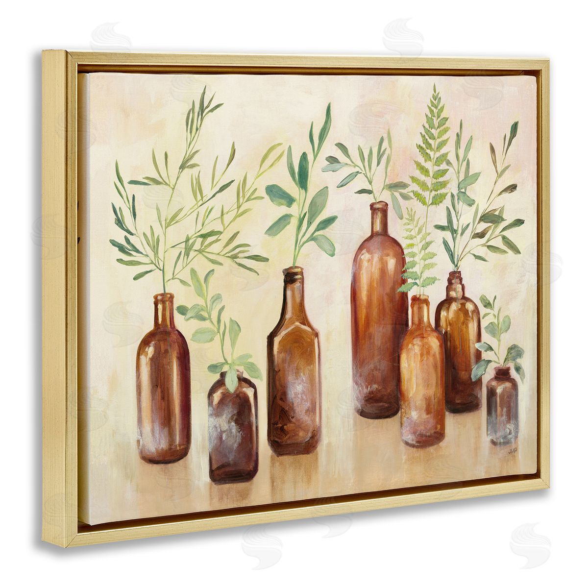 Ferns and Plants Glass Jars Gold Floating Frame Canvas Wall Art, Home Decor by Julia Purinton