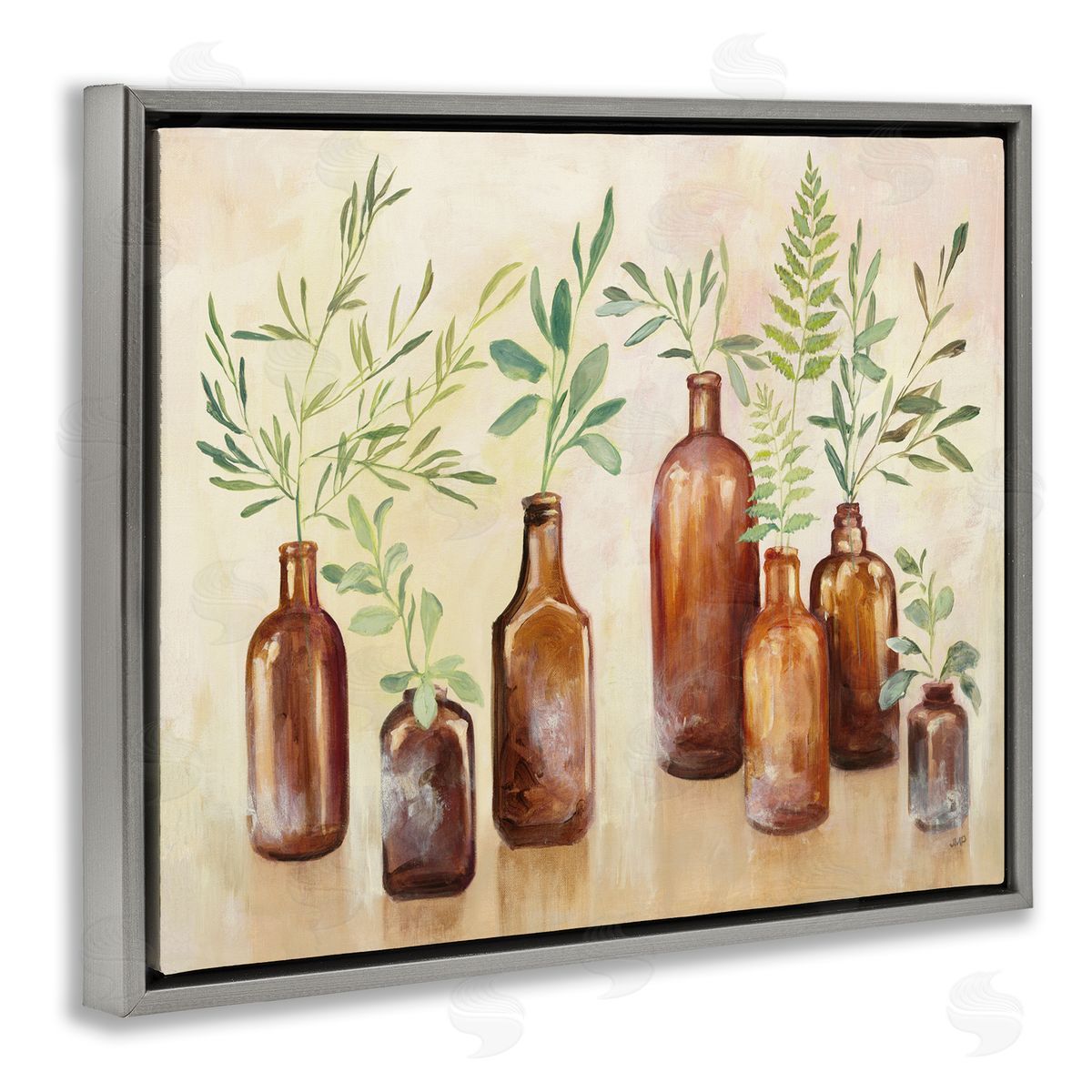 Ferns and Plants Glass Jars Grey Floating Frame Canvas Wall Art, Home Decor by Julia Purinton