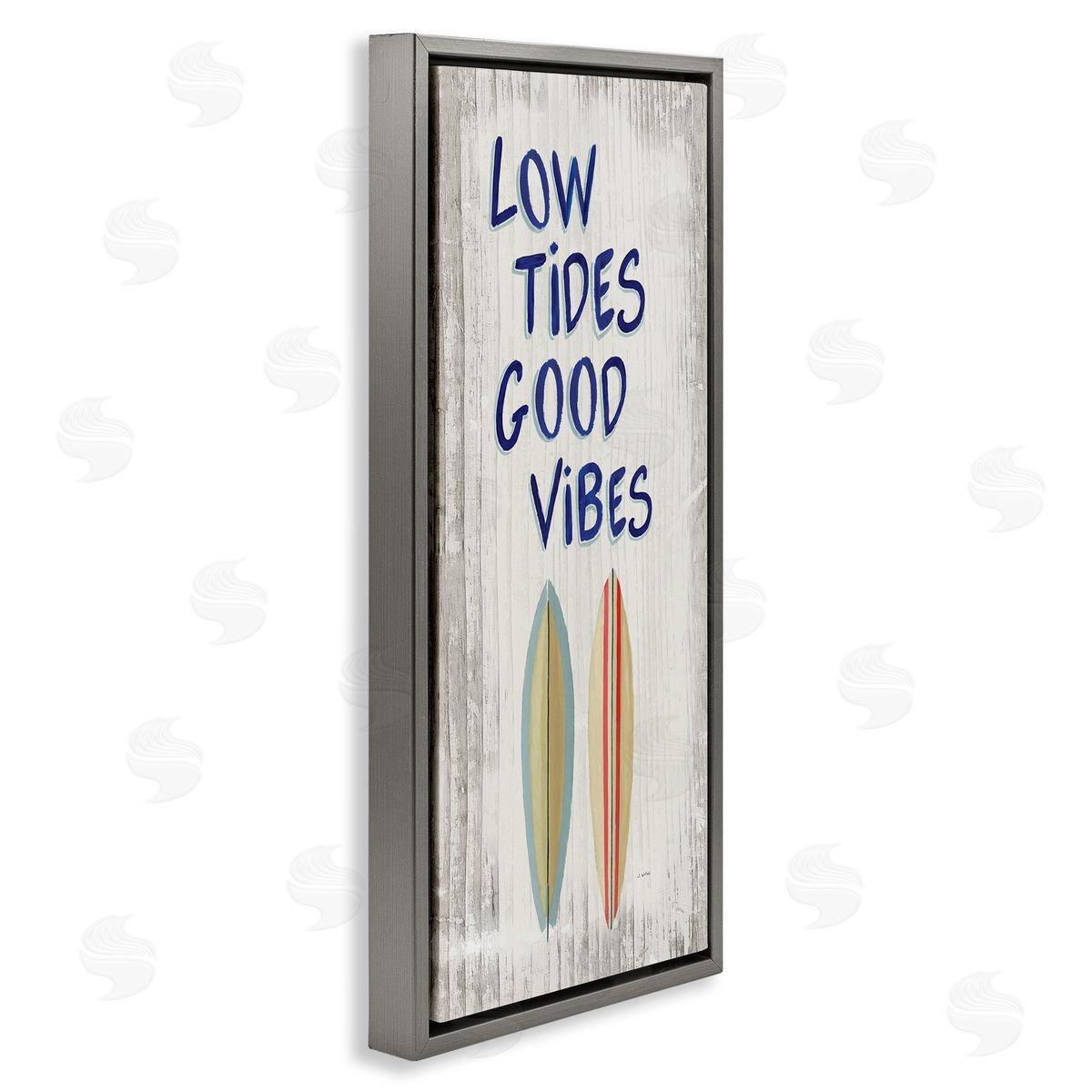 Low Tides Good Vibes Surfboard Grey Floating Frame Canvas Wall Art, Home Decor by James Wiens