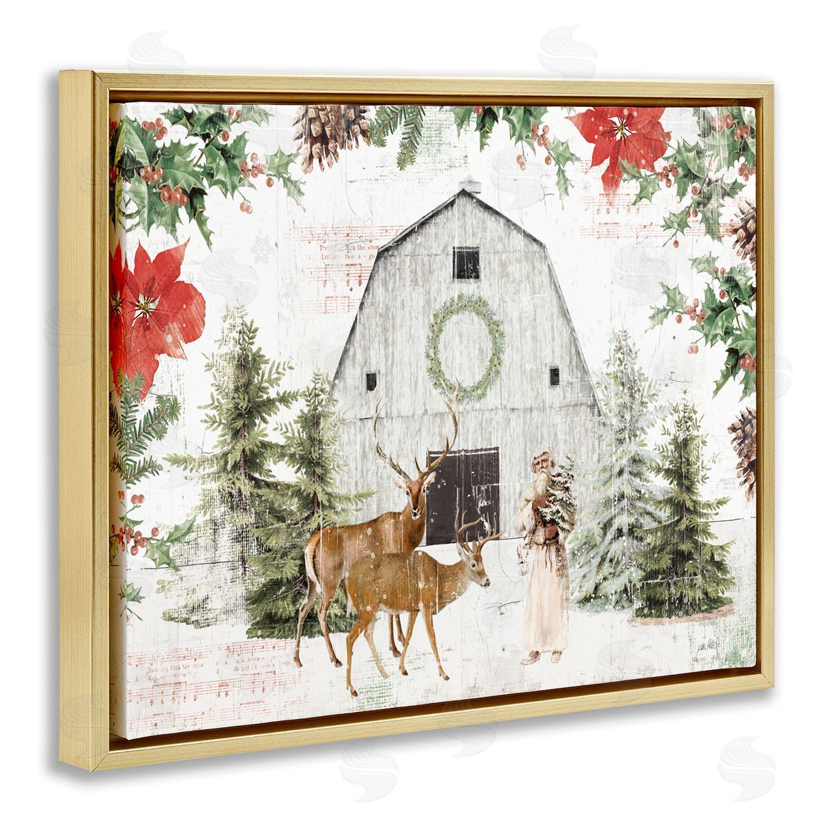 Rustic Winter Holiday Barn Gold Floating Frame Canvas Wall Art, Home Decor by Katie Pertiet