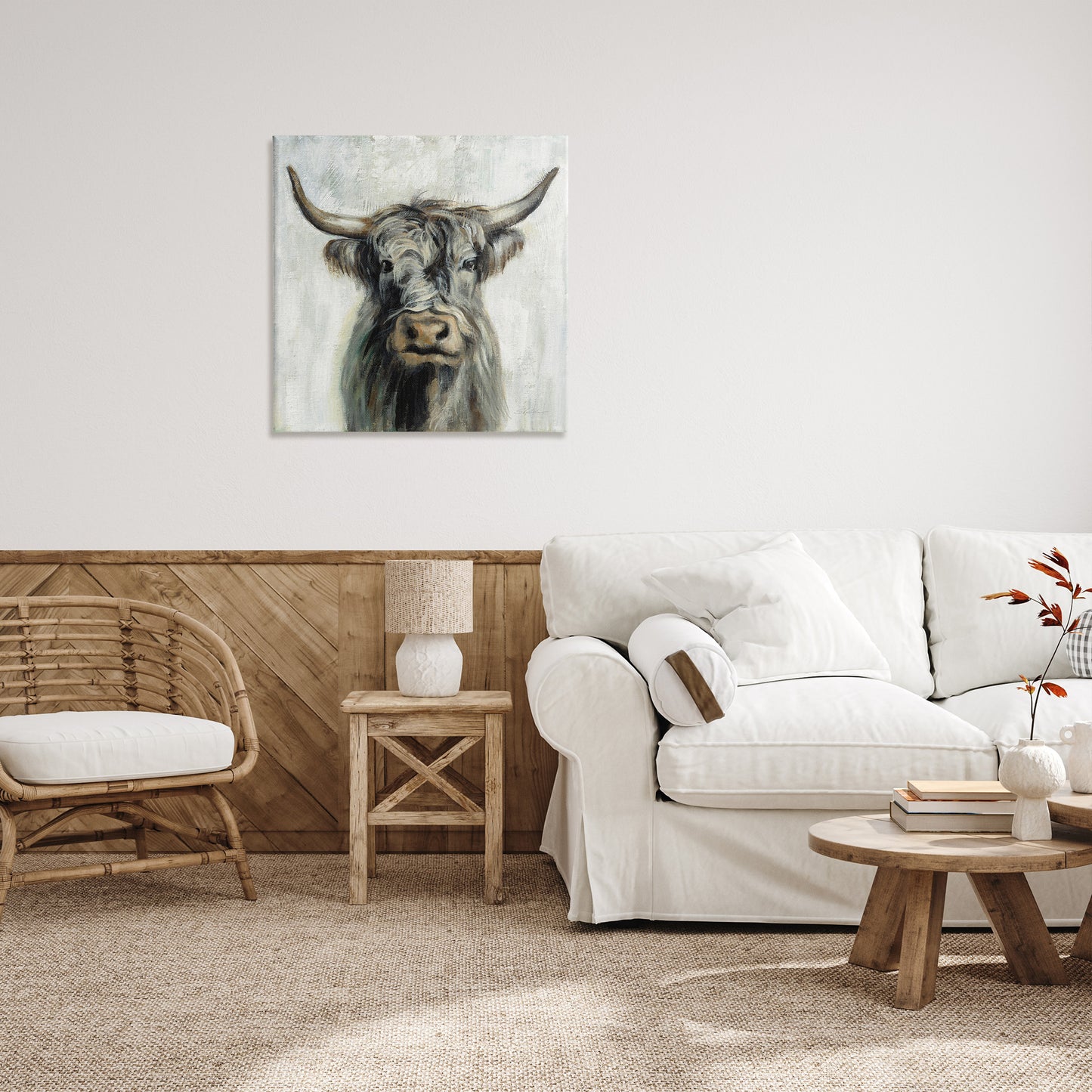 Masculine Bull Portrait Cottage Canvas Wall Art in Room, Home Decor by Silvia Vassileva