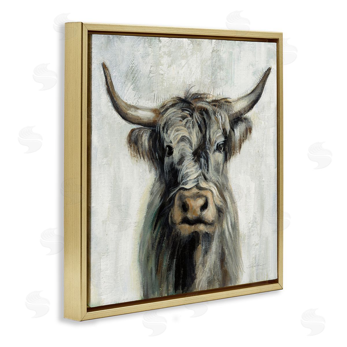 Masculine Bull Portrait Cottage Gold Floating Frame Canvas Wall Art, Home Decor by Silvia Vassileva