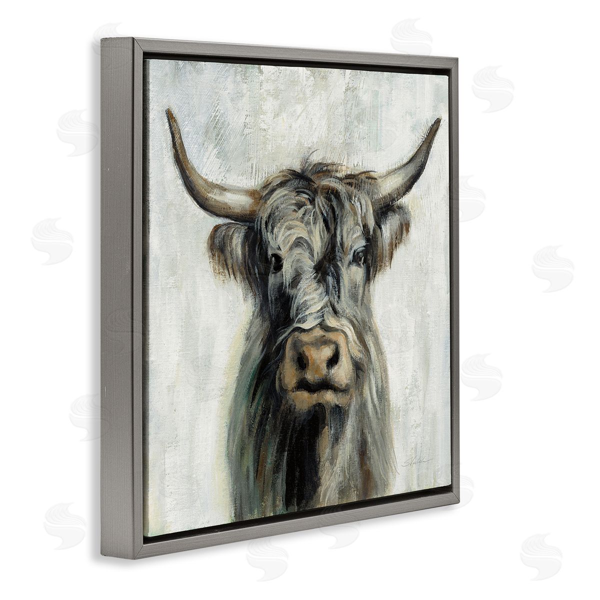 Masculine Bull Portrait Cottage Grey Floating Frame Canvas Wall Art, Home Decor by Silvia Vassileva
