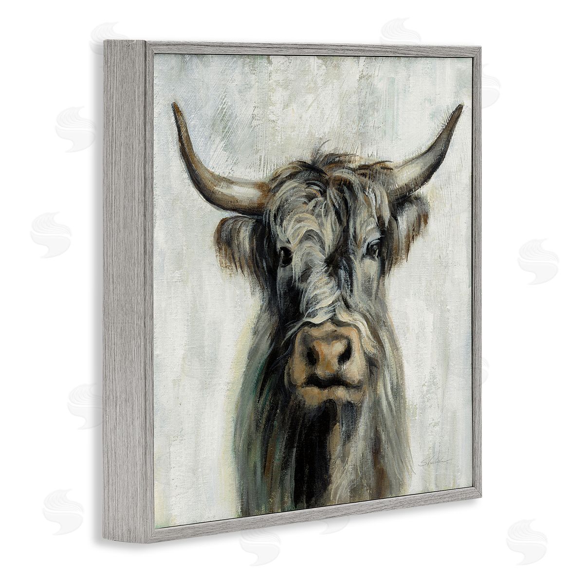 Masculine Bull Portrait Cottage Grey Frame Print Wall Art, Home Decor by Silvia Vassileva