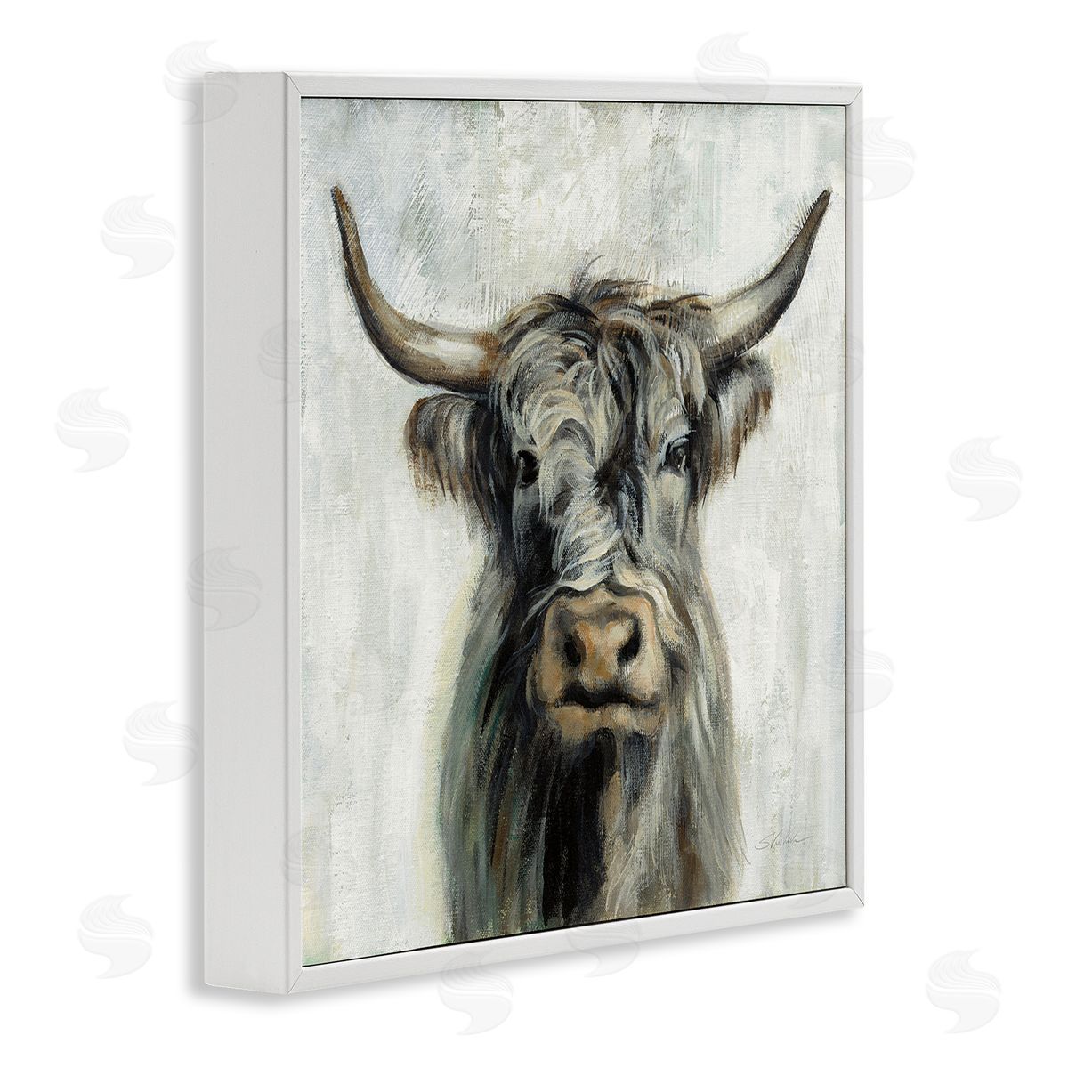 Masculine Bull Portrait Cottage White Frame Print Wall Art, Home Decor by Silvia Vassileva