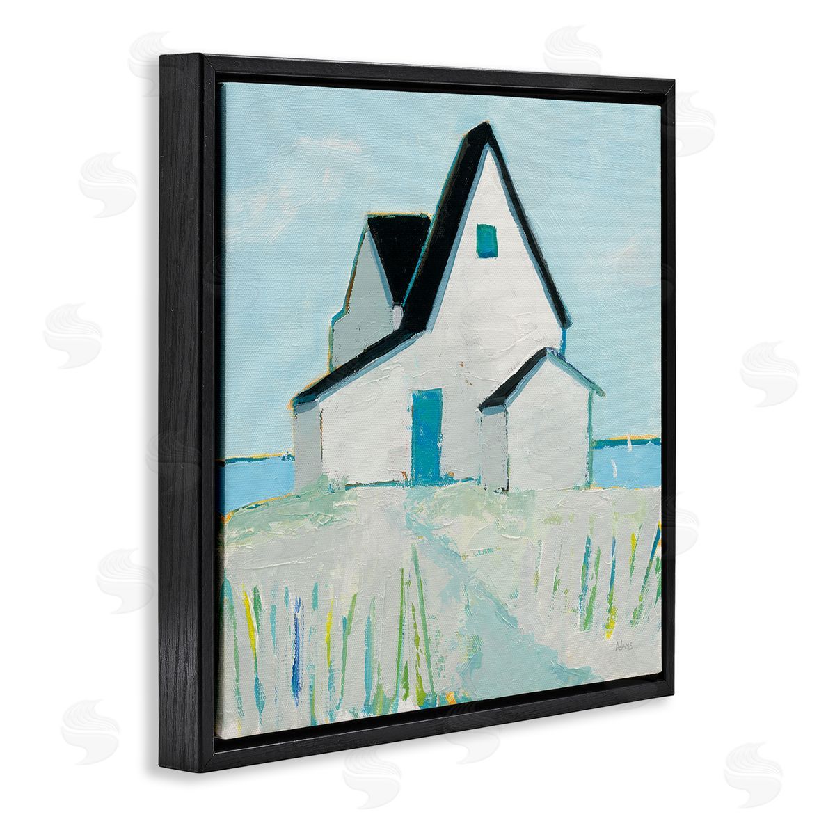 Cape House Coastal Scene Black Floating Frame Canvas Wall Art, Home Decor by Phyllis Adams