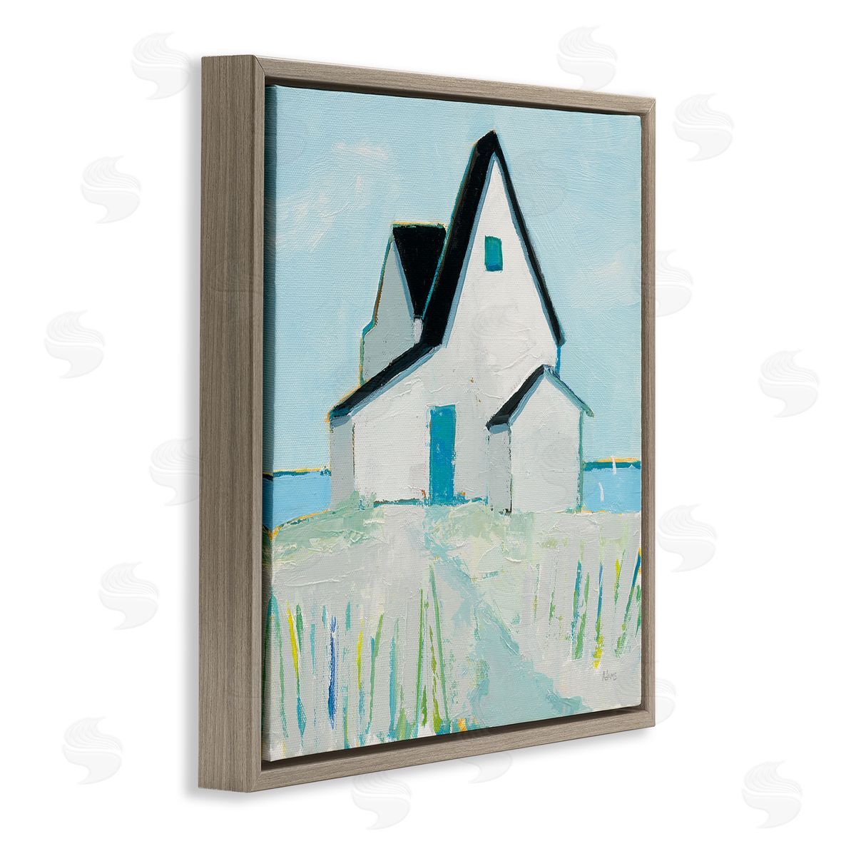 Cape House Coastal Scene Brown Floating Frame Canvas Wall Art, Home Decor by Phyllis Adams