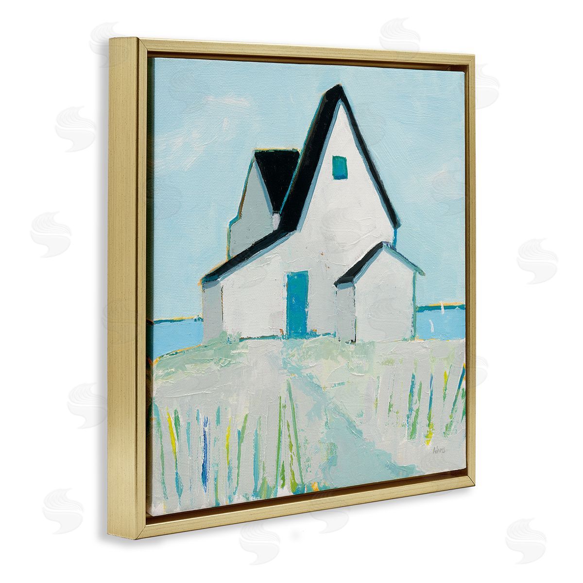 Cape House Coastal Scene Gold Floating Frame Canvas Wall Art, Home Decor by Phyllis Adams