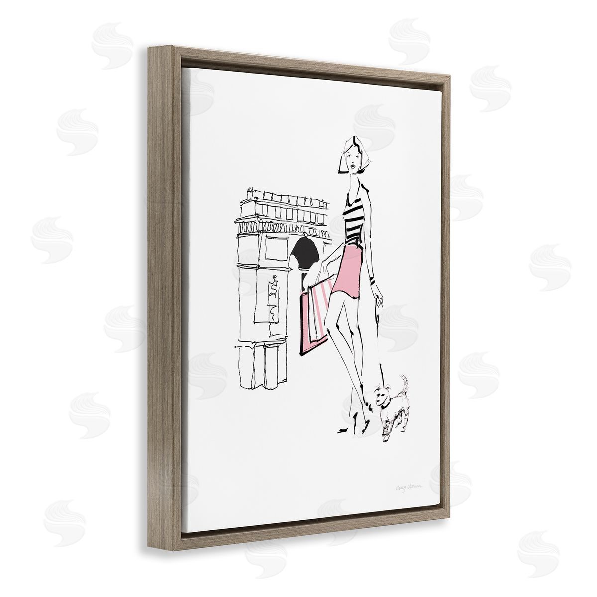 Chic Paris Fashion Dog Walker Brown Floating Frame Canvas Wall Art, Home Decor by Avery Tillmon