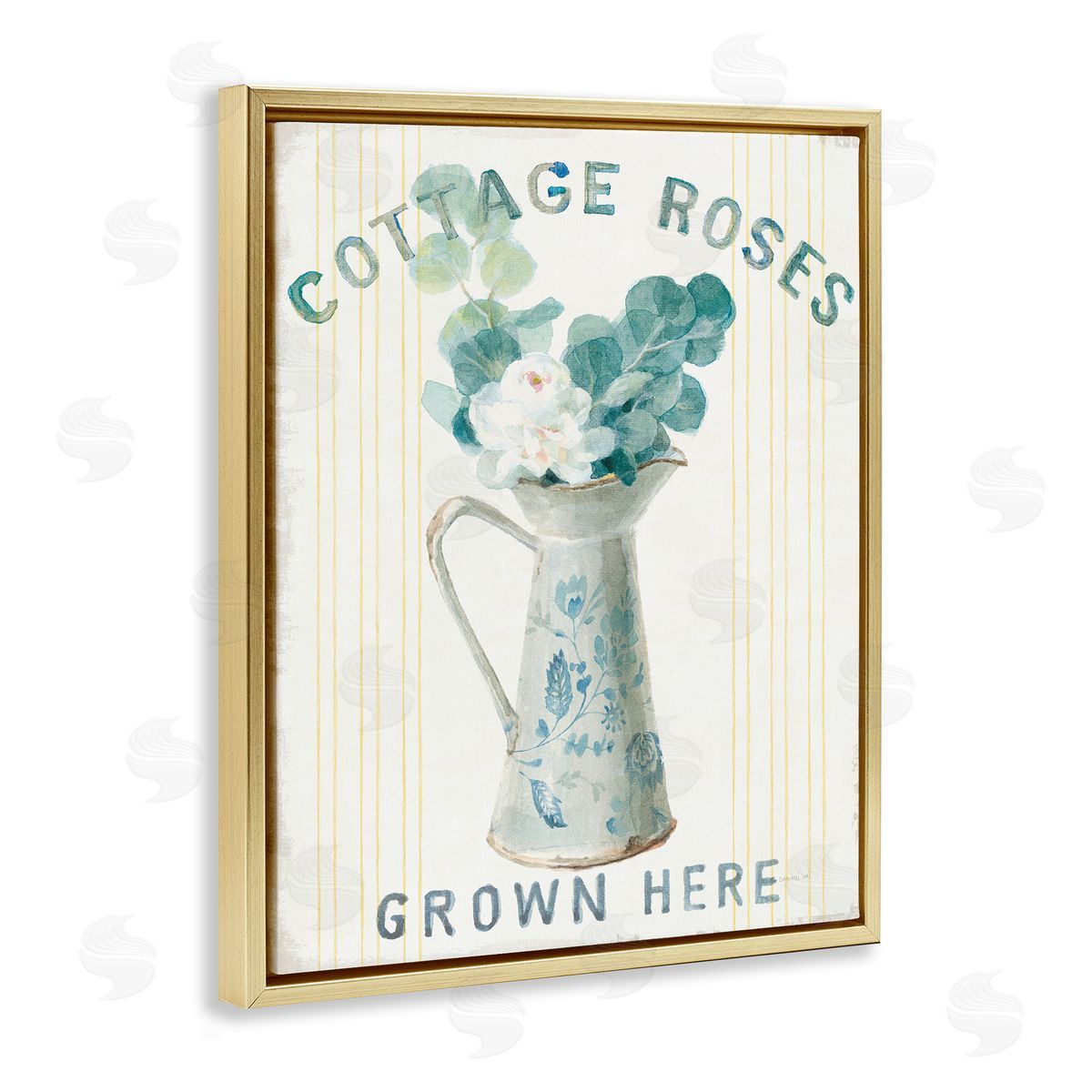 Cottage Roses in Milk Tin Gold Floating Frame Canvas Wall Art, Home Decor by Danhui Nai