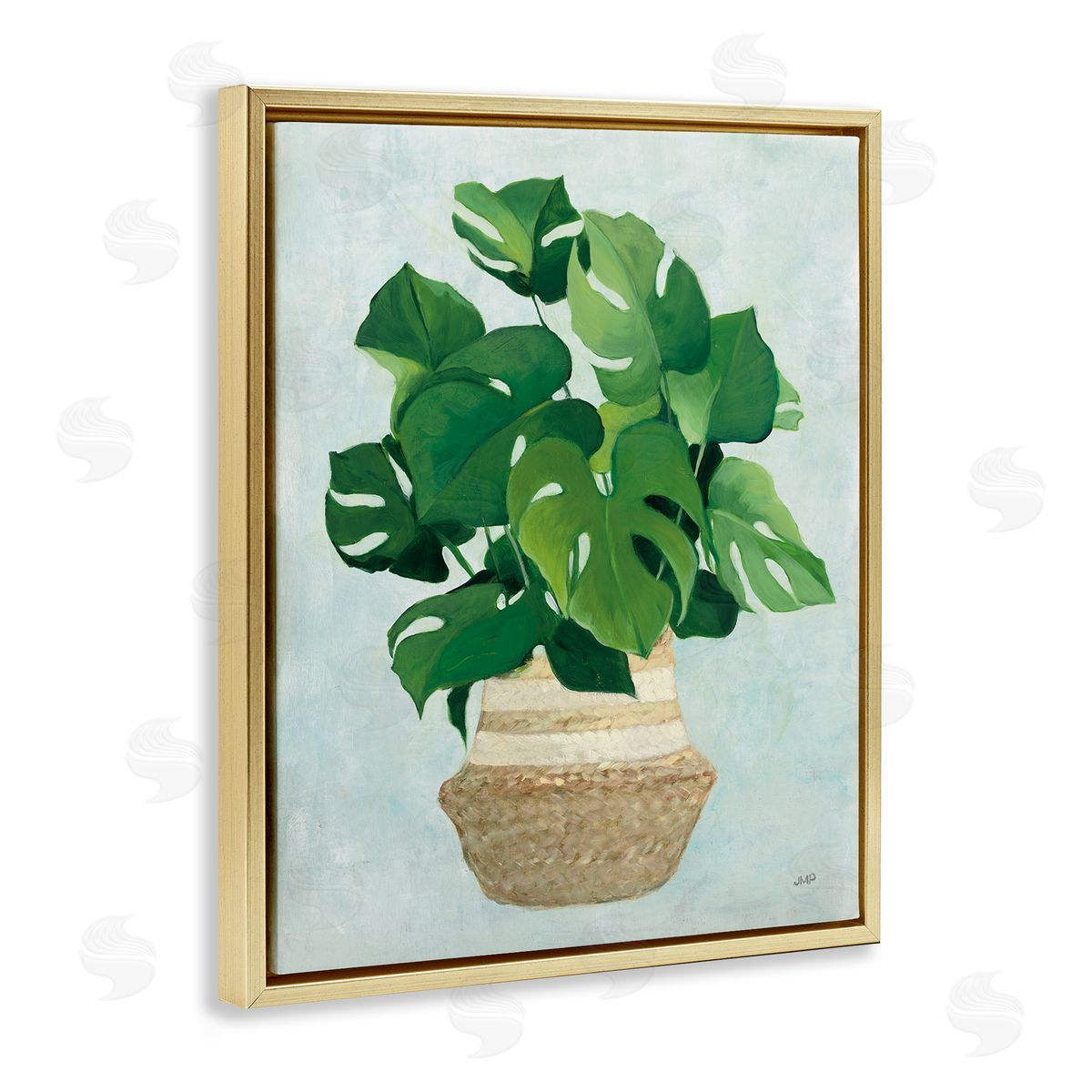 Monstera Plant in Basket Gold Floating Frame Canvas Wall Art, Home Decor by Julia Purinton