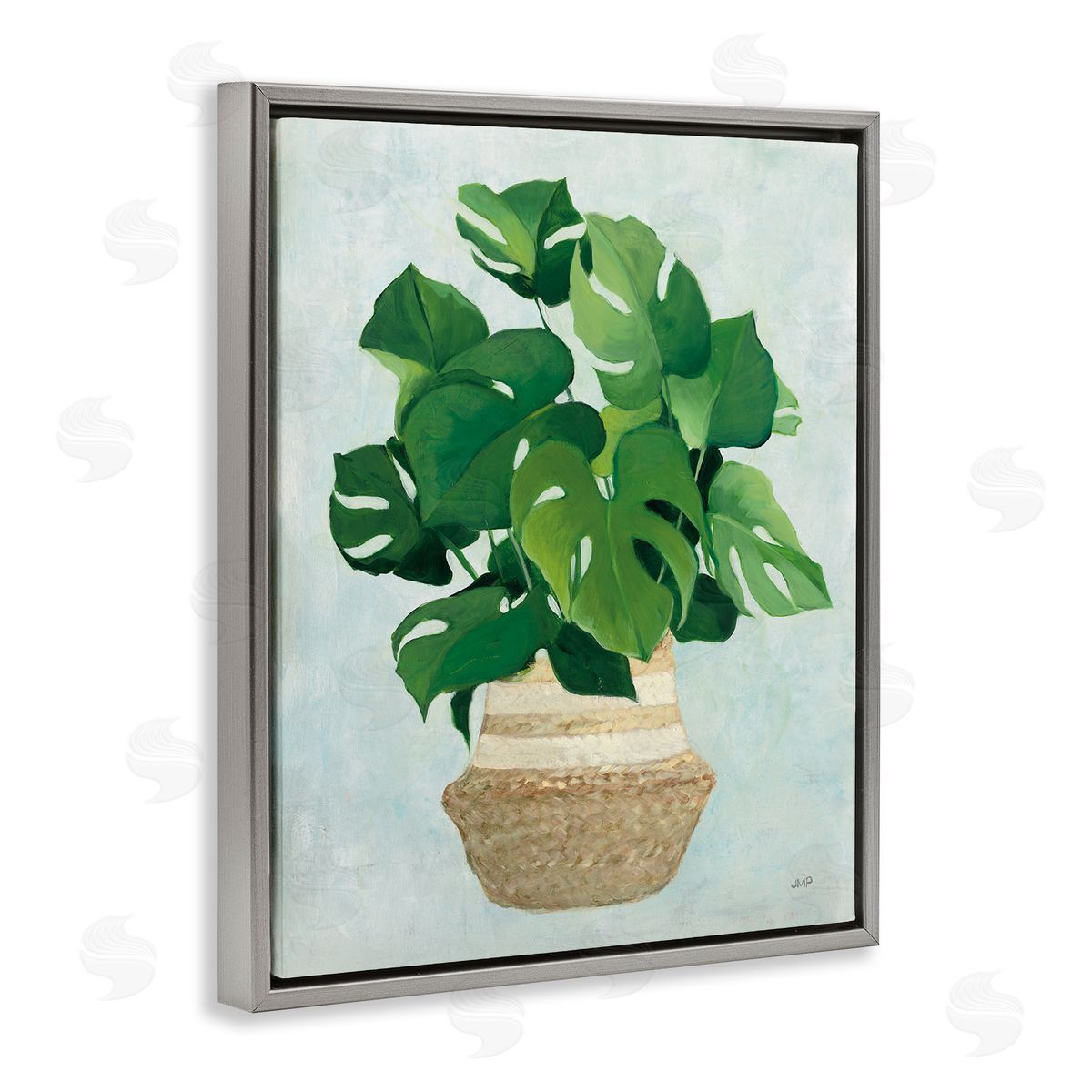 Monstera Plant in Basket Grey Floating Frame Canvas Wall Art, Home Decor by Julia Purinton