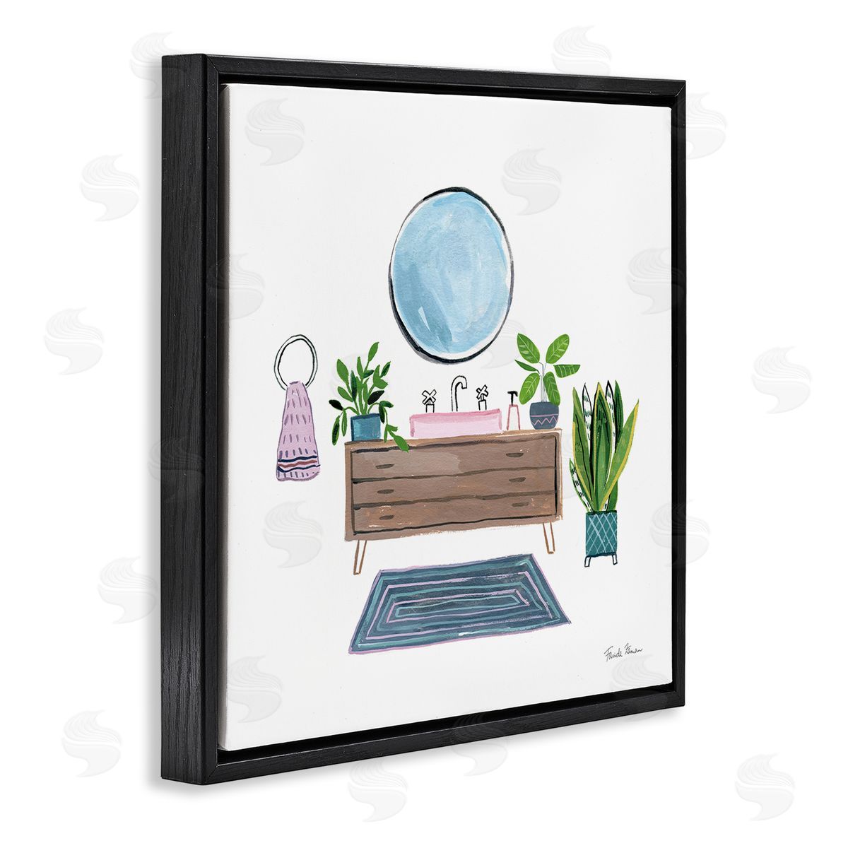 Bath Interior Sink with Plants Black Floating Frame Canvas Wall Art, Home Decor by Farida Zaman
