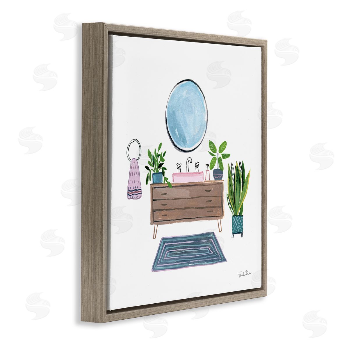 Bath Interior Sink with Plants Brown Floating Frame Canvas Wall Art, Home Decor by Farida Zaman