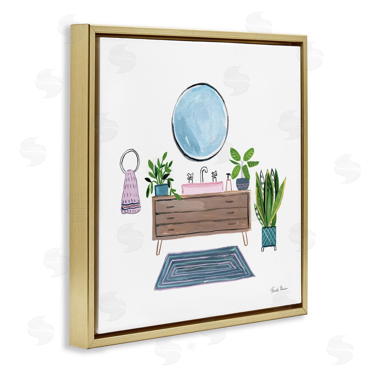 Bath Interior Sink with Plants Gold Floating Frame Canvas Wall Art, Home Decor by Farida Zaman