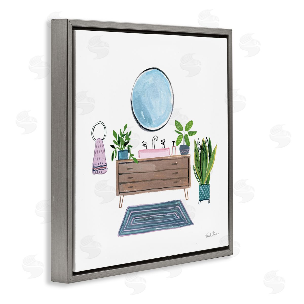 Bath Interior Sink with Plants Grey Floating Frame Canvas Wall Art, Home Decor by Farida Zaman