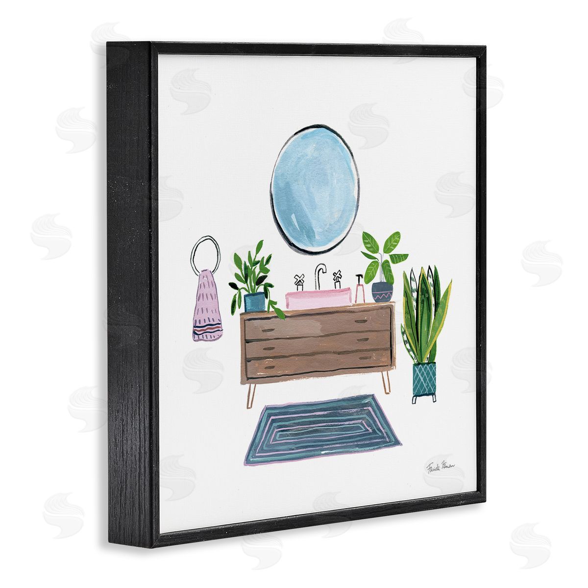 Bath Interior Sink with Plants Black Frame Print Wall Art, Home Decor by Farida Zaman