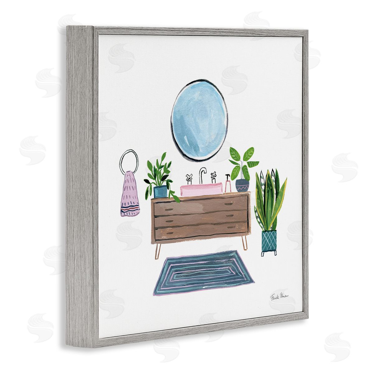 Bath Interior Sink with Plants Grey Frame Print Wall Art, Home Decor by Farida Zaman