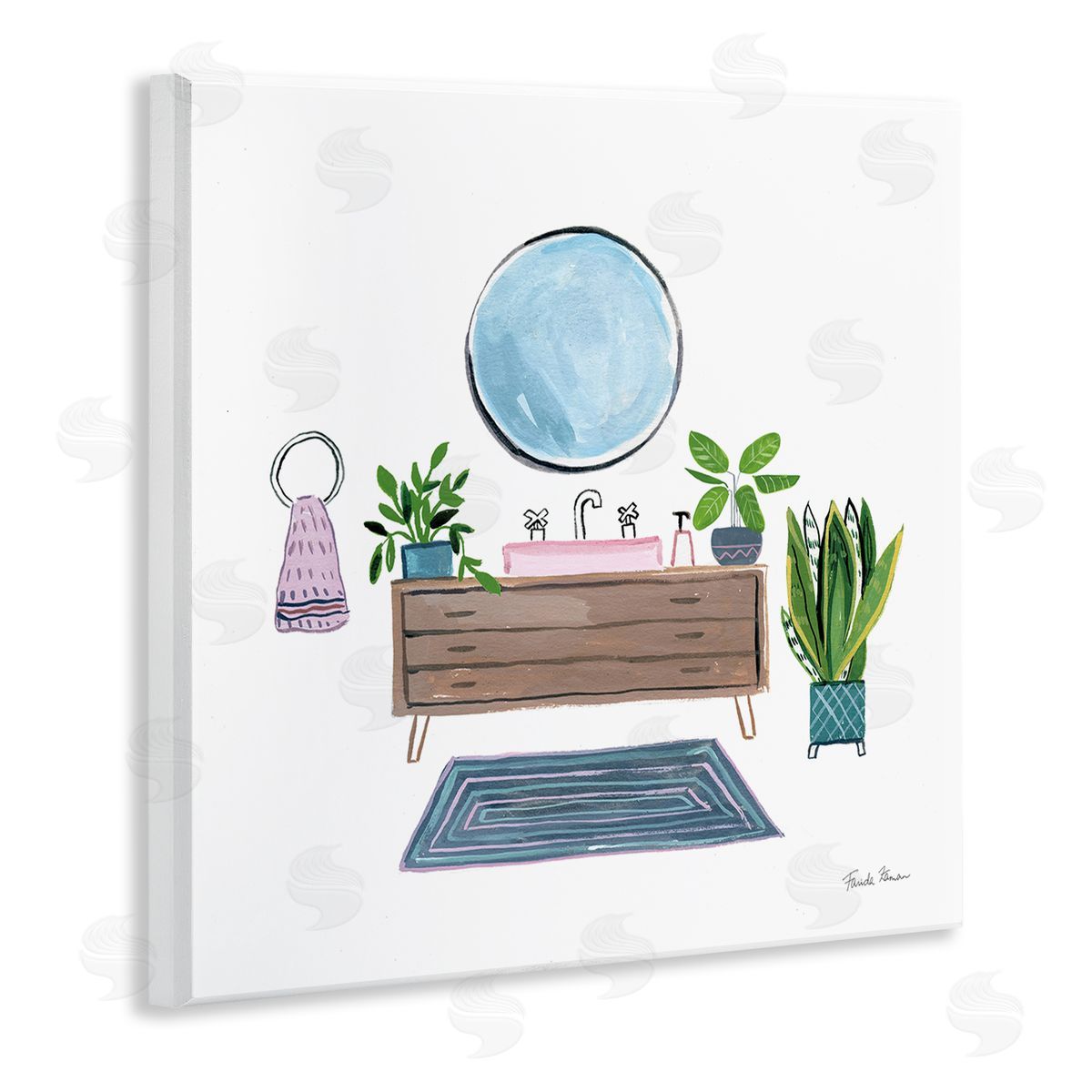 Bath Interior Sink with Plants Wood Plaque Wall Art, Home Decor by Farida Zaman