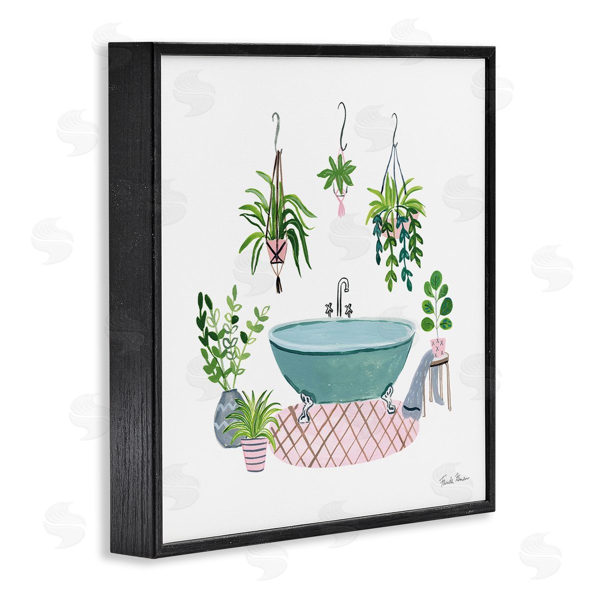 Claw Bath with Hanging Plants Black Frame Print Wall Art, Home Decor by Farida Zaman