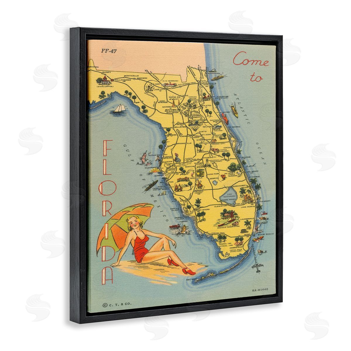 Florida Map Retro Beach Black Floating Frame Canvas Wall Art, Home Decor by Wild Apple Portfolio
