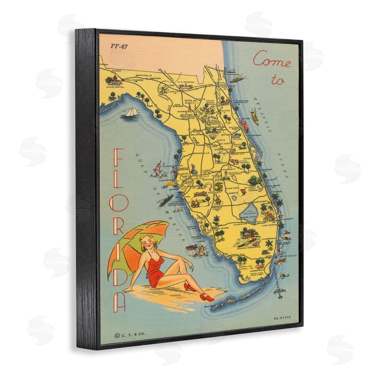 Florida Map Retro Beach Black Frame Print Wall Art, Home Decor by Wild Apple Portfolio