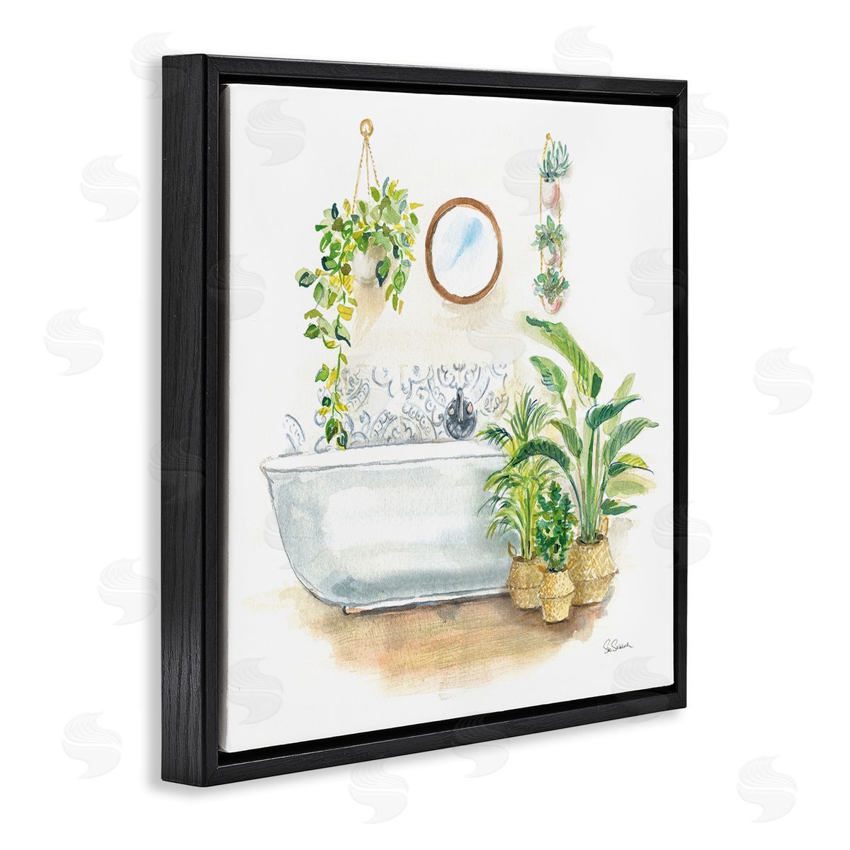 Serene Bathroom Interior with Greenery Black Floating Frame Canvas Wall Art, Home Decor by Sue Schlabach