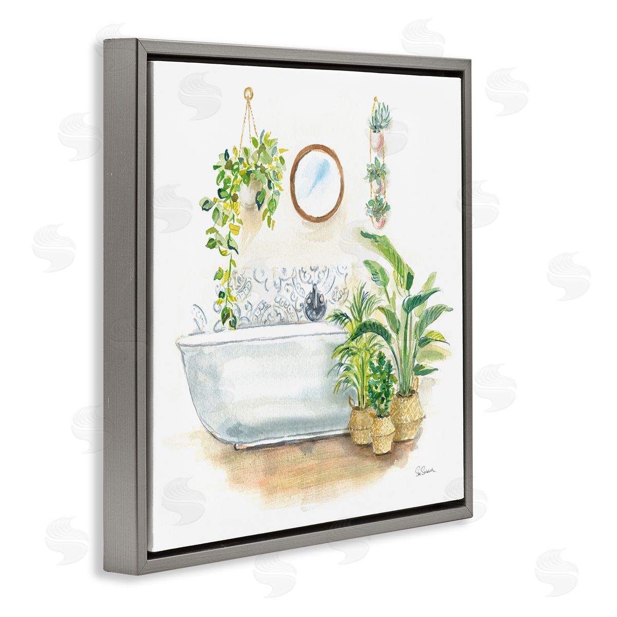 Serene Bathroom Interior with Greenery Grey Floating Frame Canvas Wall Art, Home Decor by Sue Schlabach