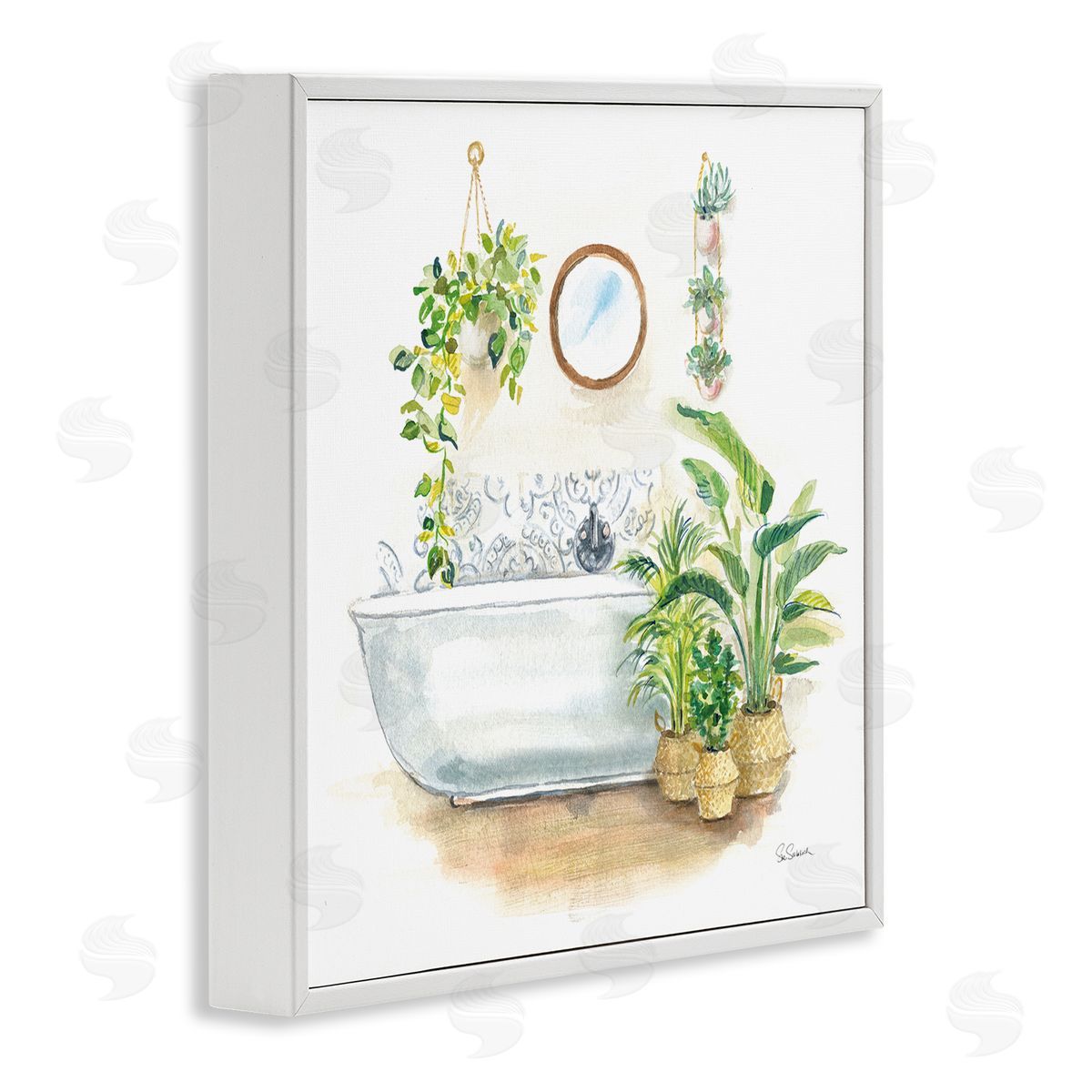 Serene Bathroom Interior with Greenery White Frame Print Wall Art, Home Decor by Sue Schlabach