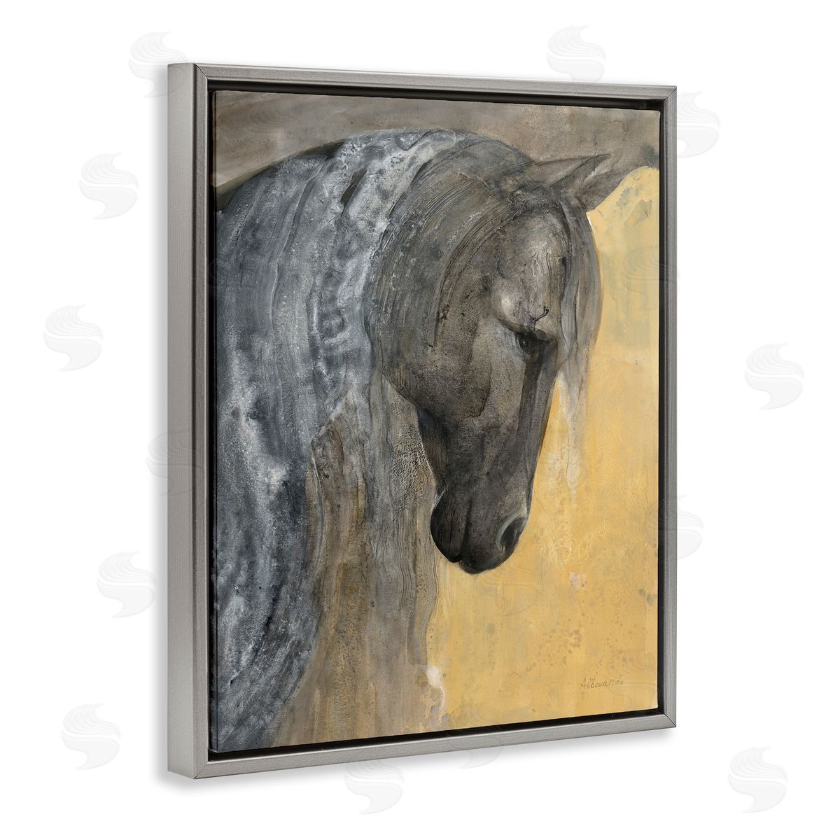 Abstract Grey Horse Portrait Grey Floating Frame Canvas Wall Art, Home Decor by Albena Hristova