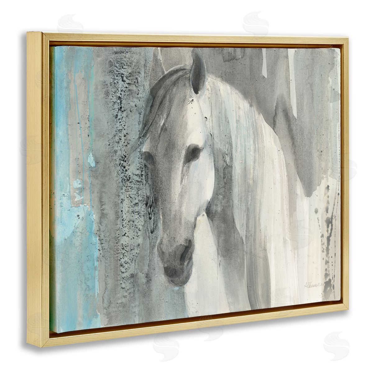 White Wild Horse Portrait Gold Floating Frame Canvas Wall Art, Home Decor by Albena Hristova