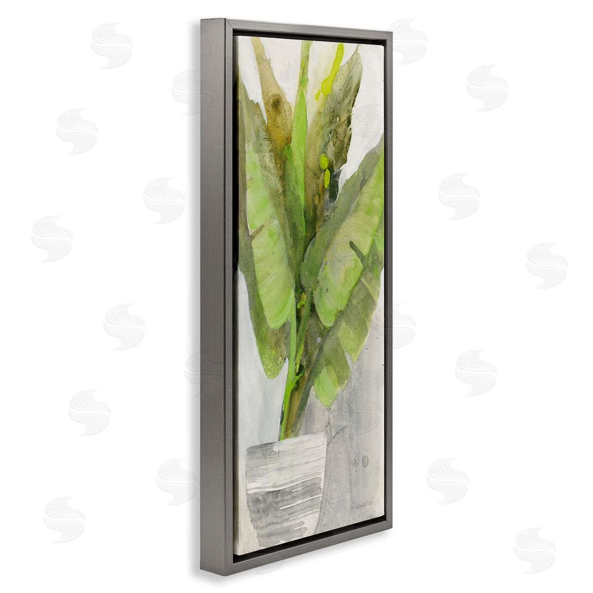 Large Green Leaf Plant Grey Floating Frame Canvas Wall Art, Home Decor by Albena Hristova