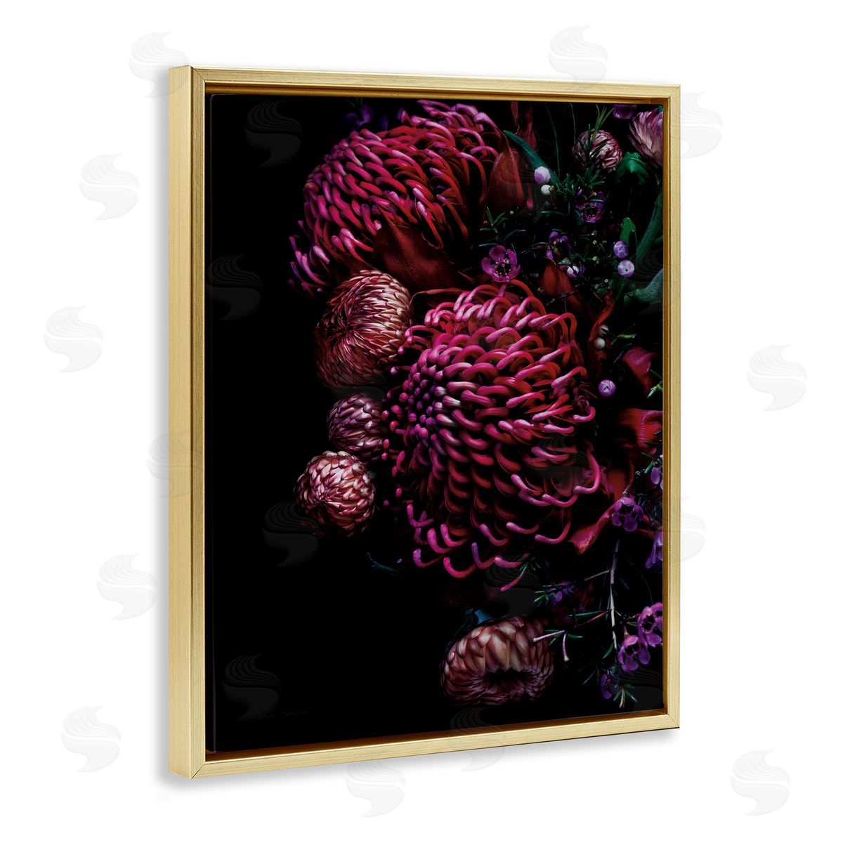 Detailed Tropical Flower Bouquet Gold Floating Frame Canvas Wall Art, Home Decor by Elise Catterall